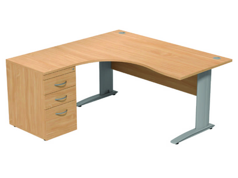 Komo Crescent Desk - Left - Beech Panel/ Silver Leg with Pedestal