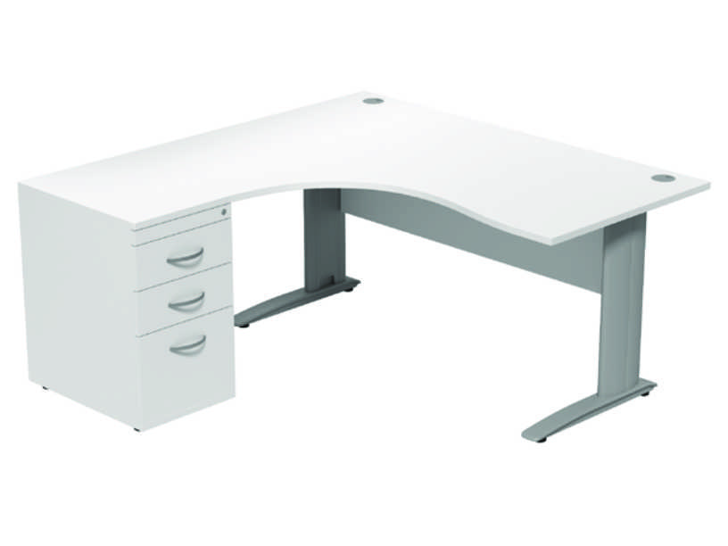 Komo Crescent Desk - Left - White Panel/ Silver Leg with Pedestal